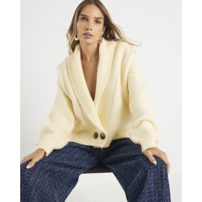 Yellow Knitted Shawl Collar Cardigan