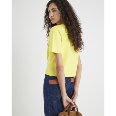 Yellow Knitted Short Sleeve Button Up Top