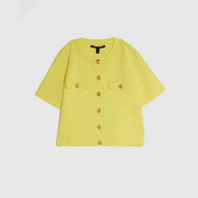 Yellow Knitted Short Sleeve Button Up Top