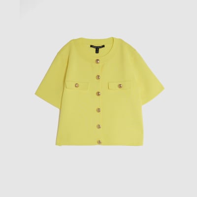 Yellow Knitted Short Sleeve Button Up Top