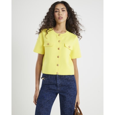 Yellow Knitted Short Sleeve Button Up Top