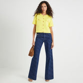 Yellow Knitted Short Sleeve Button Up Top