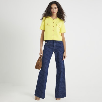 Yellow Knitted Short Sleeve Button Up Top