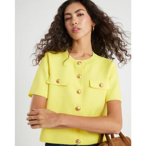 Yellow Knitted Short Sleeve Button Up Top