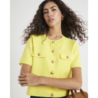Yellow Knitted Short Sleeve Button Up Top