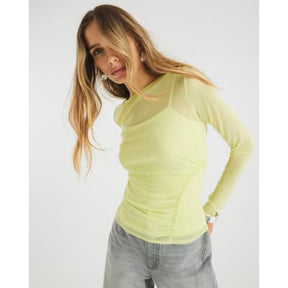 Yellow Long Sleeve Boat Neck Ruched Mesh Top