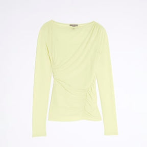 Yellow Long Sleeve Boat Neck Ruched Mesh Top