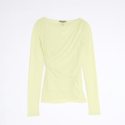 Yellow Long Sleeve Boat Neck Ruched Mesh Top