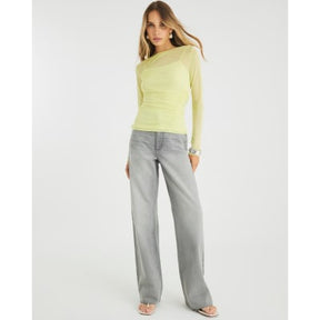 Yellow Long Sleeve Boat Neck Ruched Mesh Top