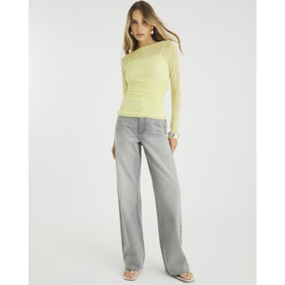 Yellow Long Sleeve Boat Neck Ruched Mesh Top