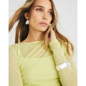 Yellow Long Sleeve Boat Neck Ruched Mesh Top