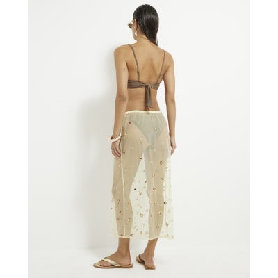 Yellow Mesh Embellished Midi Beach Skirt