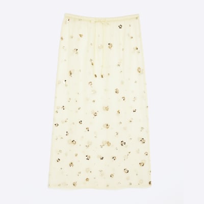 Yellow Mesh Embellished Midi Beach Skirt