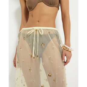 Yellow Mesh Embellished Midi Beach Skirt