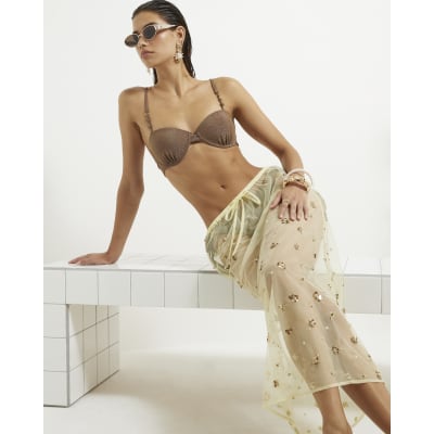 Yellow Mesh Embellished Midi Beach Skirt