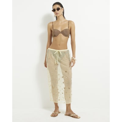 Yellow Mesh Embellished Midi Beach Skirt