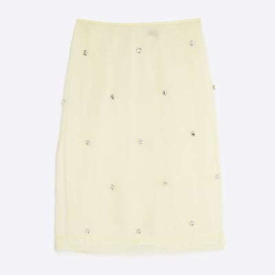 Yellow Organza Embellished Pencil Skirt