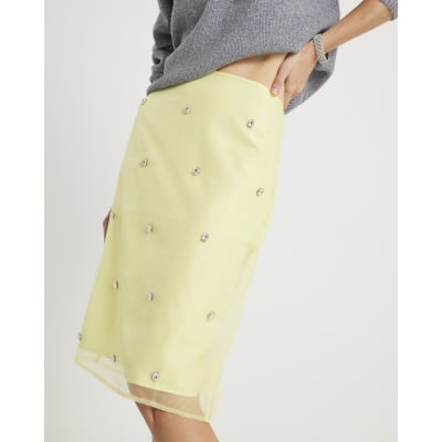 Yellow Organza Embellished Pencil Skirt