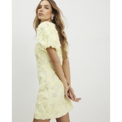 Yellow Puff Sleeve 3D Floral Mini Dress