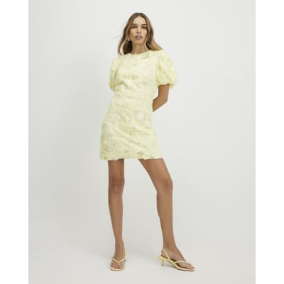 Yellow Puff Sleeve 3D Floral Mini Dress