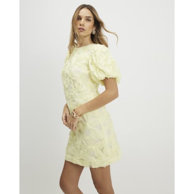 Yellow Puff Sleeve 3D Floral Mini Dress