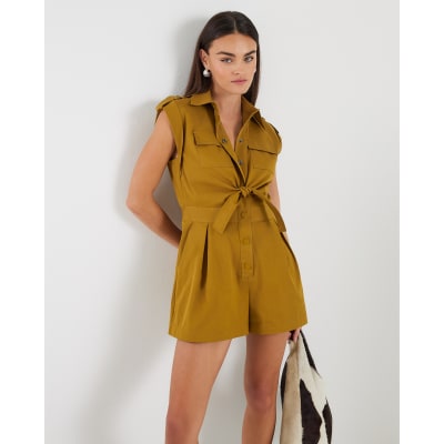 Yellow Short Sleeve Tie Utility Playsuit